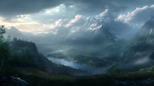 Mountain valley lake with distant settlement under clouds.