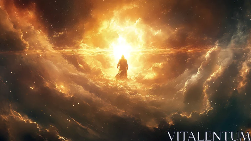 Luminous wanderer ascending through a storm of celestial fire.