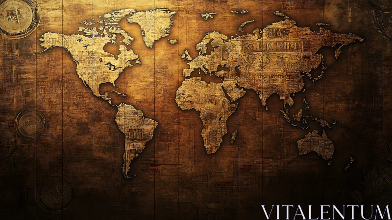 Vintage world map glows in warm textured golden tones