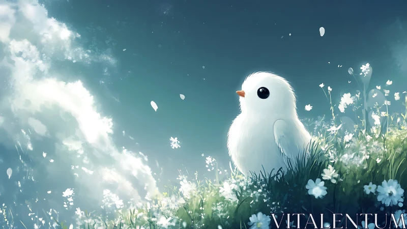 White Bird Surrounded by Flowers and Luminous Sky