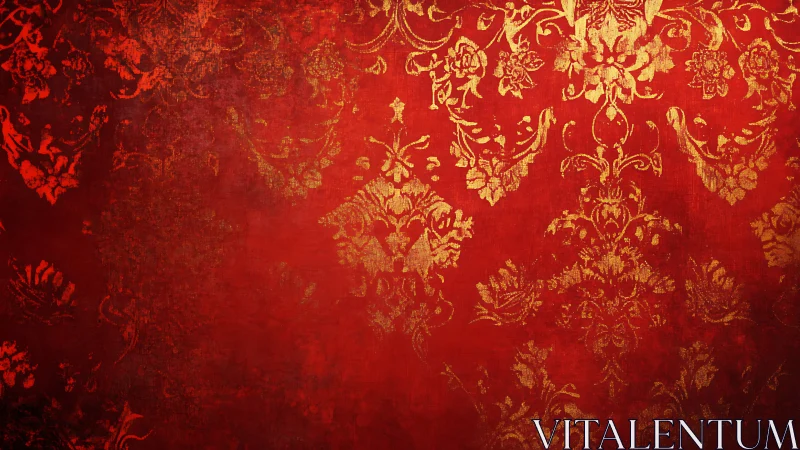 Red damask background with worn ornate gold pattern.