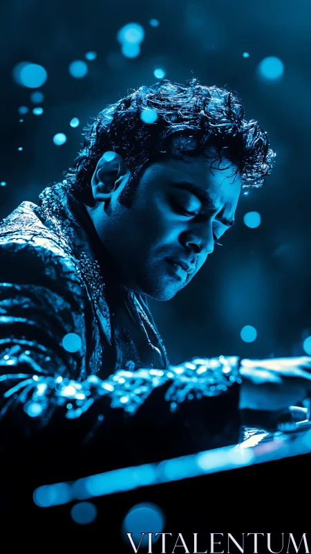 Blue-lit pianist in emotional performance close-up portrait.