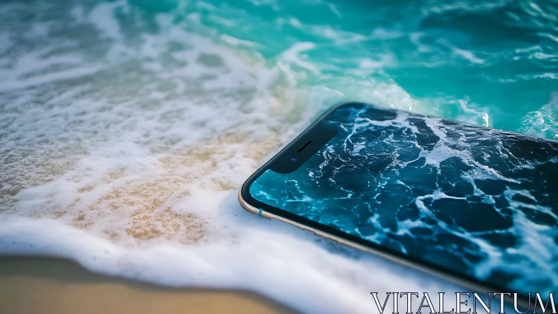 Smartphone lying in seawater surf with foamy shoreline.