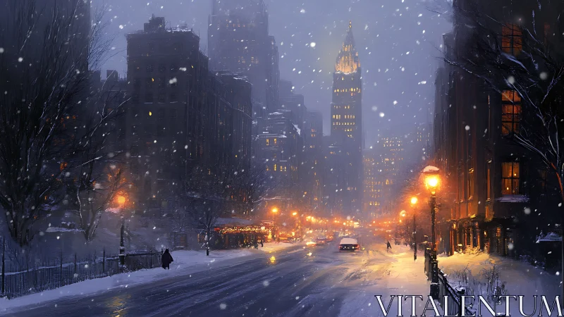 Snow-dusted boulevard hums softly beneath amber city glow