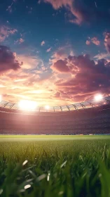 Sunlit football stadium field under glowing sunset sky.
