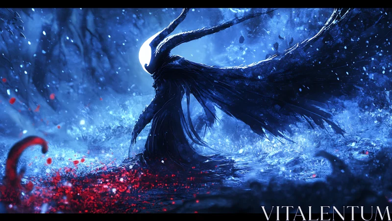 Moonlit wraith strides through a frozen battlefield of blood