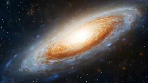Luminous spiral galaxy swirls through a star-dense cosmos.