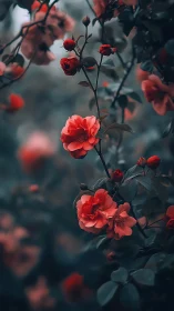 Red flowers with buds arranged on dark stems in moody botanical composition