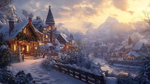 Cozy snowy village at sunset with festive winter lights.