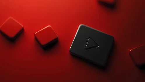 Modern play button icon in 3D style on red background.