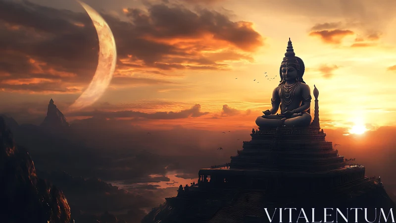 Celestial Buddha temple glows beneath a leaning crescent moon.