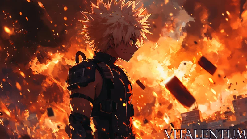 Armored anime figure standing before large urban explosion.