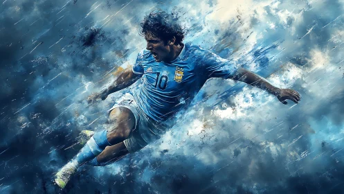 Dynamic blue soccer striker in explosive motion blur storm.