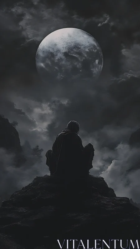 Quiet moonlit watcher resting atop misty mountain rocks.