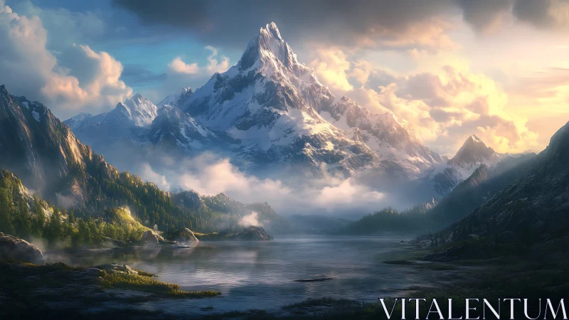 Sunlit alpine peak rises over tranquil reflective lake valley