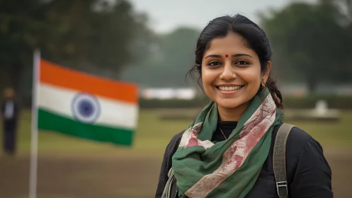 Smiling Indian Woman Outdoors with Flag, Natural Light Portrait.