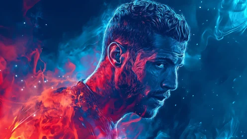 Male portrait splits between red fire and blue smoke realms