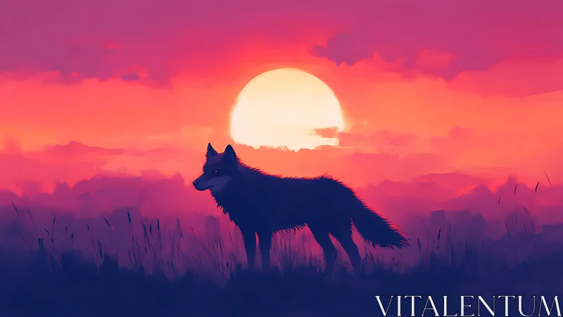 Lone twilight wolf strolling beneath a glowing sunset sky.