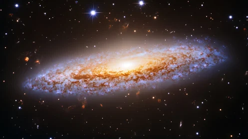 Spiral galaxy glows with golden core against deep space.
