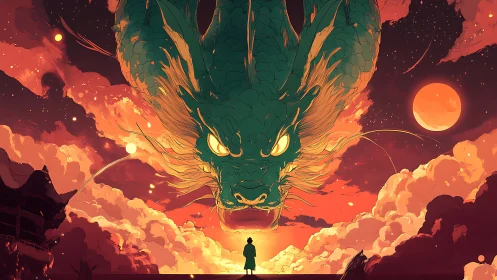 Colossal emerald dragon confronting lone figure at sunset