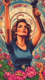 Defiant woman rises amid florals against radiant mural circle