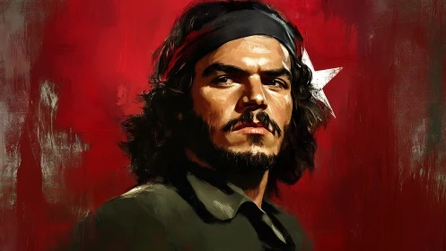 Portrait of long haired man on red textured background.