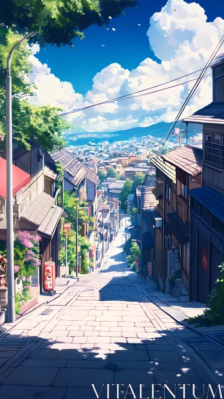 Quiet hillside street overlooking bright summer cityscape.