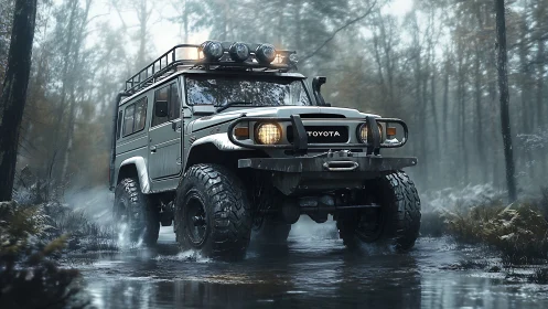 Lifted Toyota Land Cruiser FJ off-road in misty flooded forest