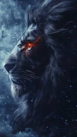 Fiery-eyed lion profile in icy blue storm nightscape.