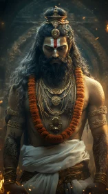 Divine warrior sage stands in ornate garlands and armor
