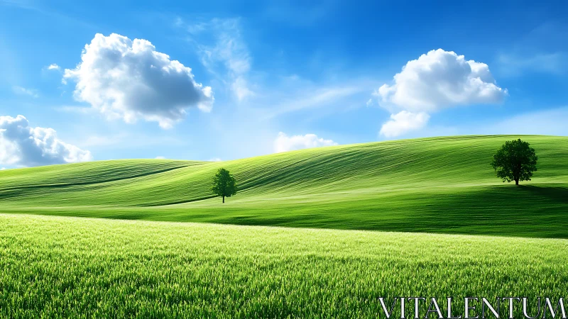 Luminous green hills under vivid blue sky with clouds.