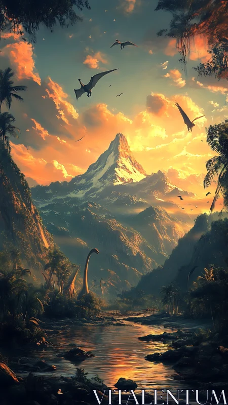 Prehistoric river valley under cinematic molten sunset sky.