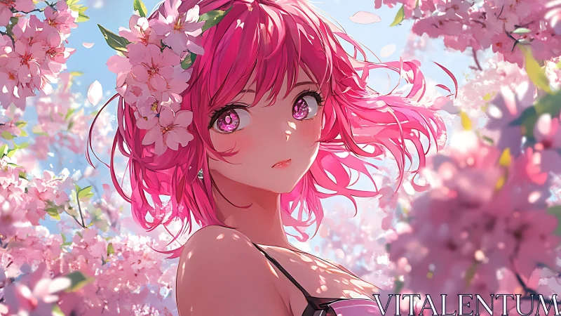 Cherry blossom daydream crowns a pink‑haired spring muse