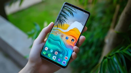 Android Smartphone Display Showcasing Layered Wave Wallpaper with Vibrant Color Gradients