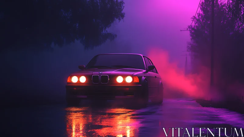 Old sedan moves through fog on wet road at night