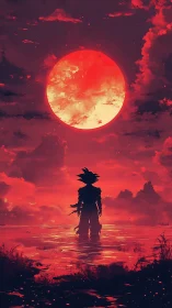 Crimson sky welcomes a lone warrior beneath a blazing moon