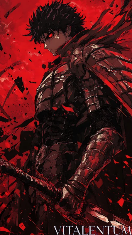Bloodlit armored swordsman under fragmented crimson sky.