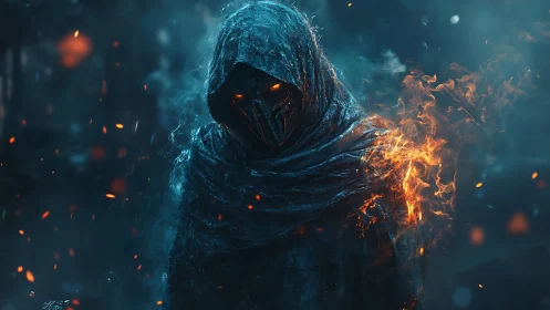 Hooded wraith with burning cloak walks through smoky gloom