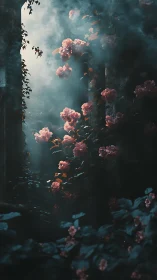 Moody Garden: Pink Roses in Atmospheric Light.