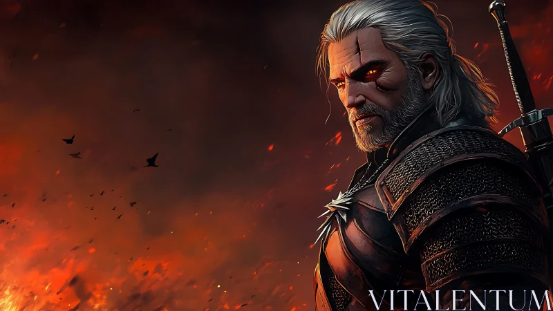 White-haired warrior studies burning battlefield horizon