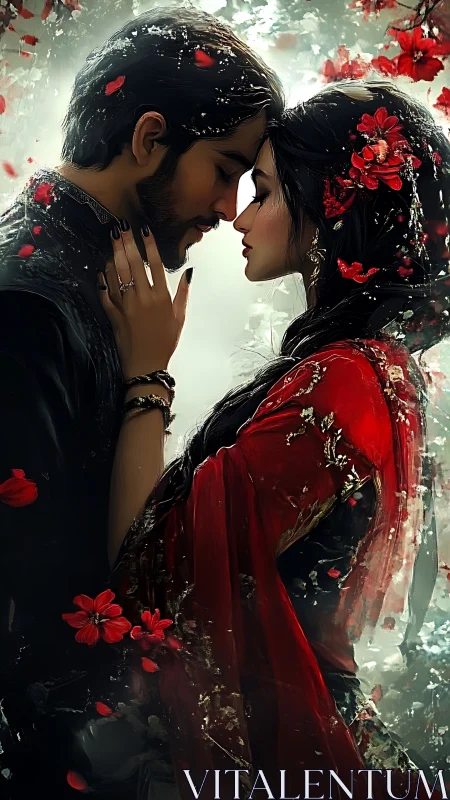 Romantic Embrace: Digital Illustration of Couple Surrounded by Red Flowers
