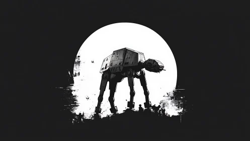 Moonlit war walker strides through ink-splashed nightscape.