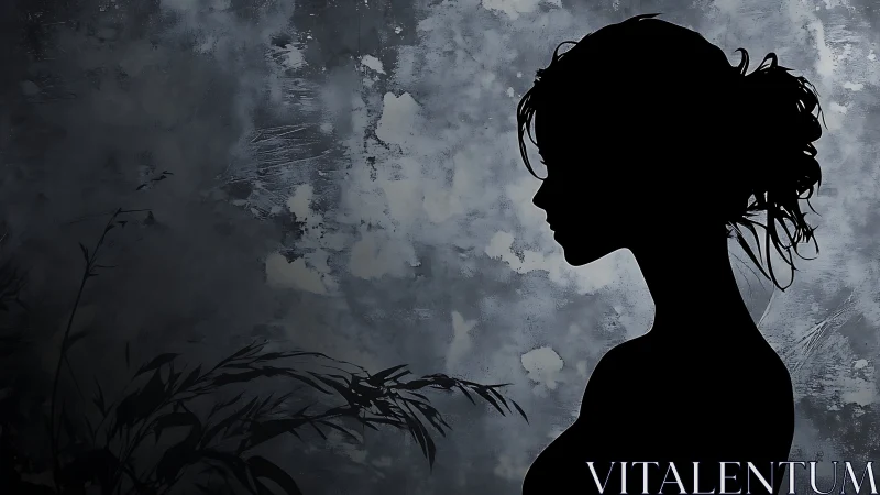 Silhouette of woman in profile against textured gray wall.