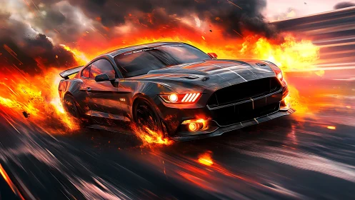 High-speed sports car amid linear flames on wet roadway.