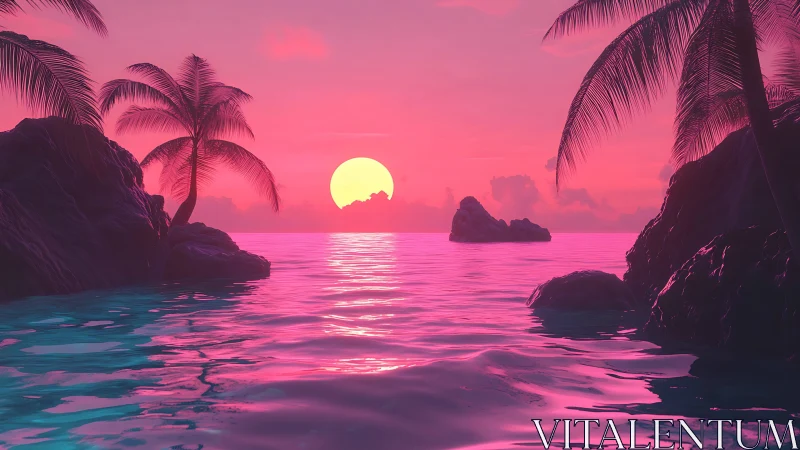 Neon pink tropical seascape shows stylized sunset horizon