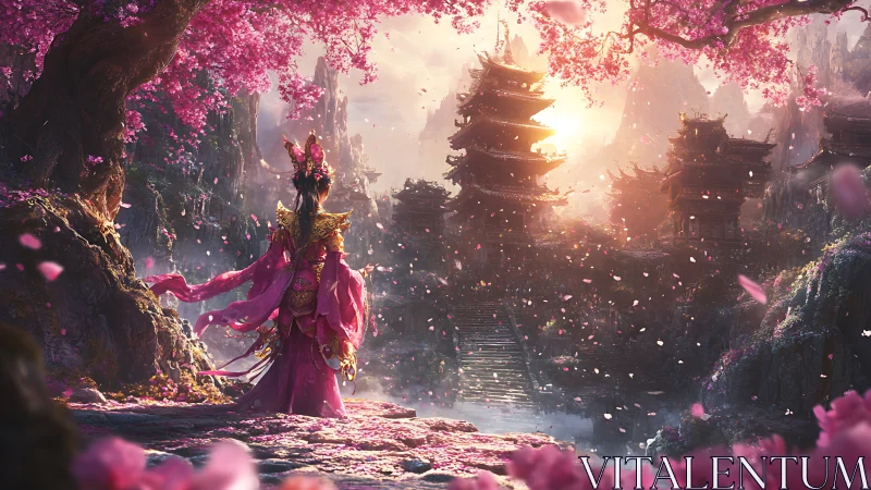 Enchanting cherry blossom empress gazes over mythic temples.