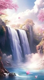 Dreamlike twin waterfalls in pastel cherry blossom valley.