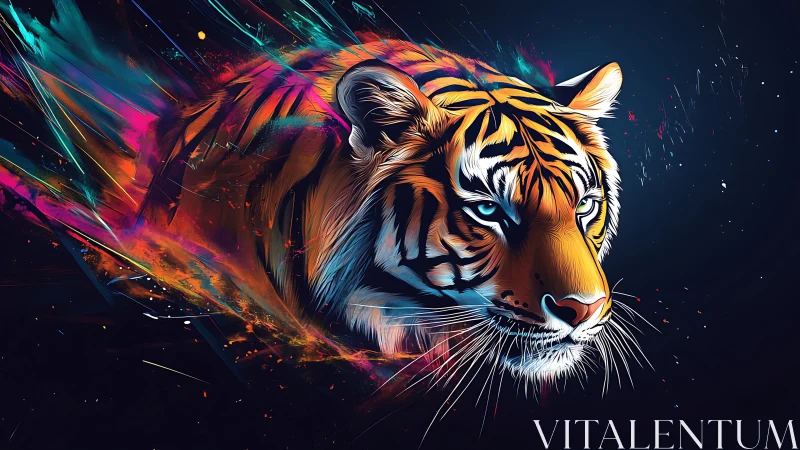 Neon tiger portrait cuts through dark space with trailing colors