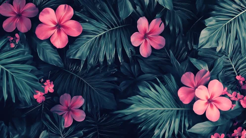Vibrant Pink Flowers Bloom Among Lush Tropical Foliage
