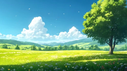 Tree stands over bright meadow under deep blue summer sky